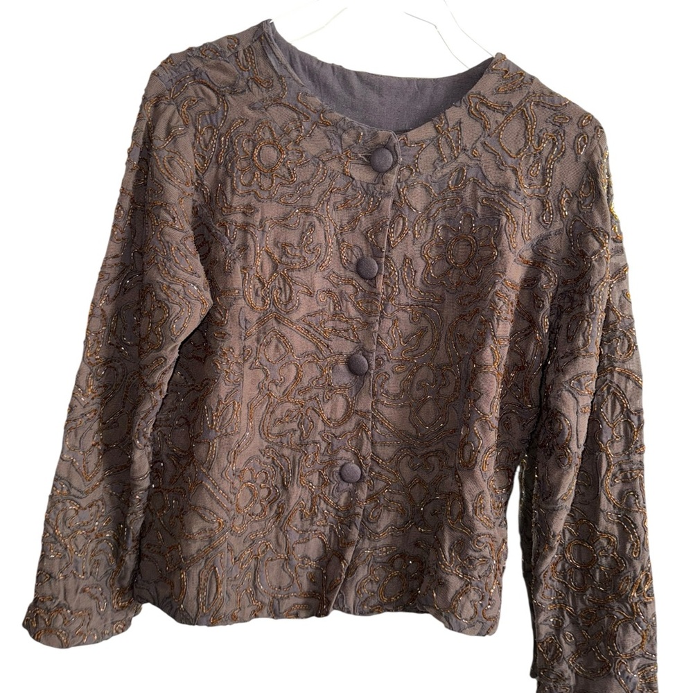 Chico's Brown Sequin Embellished Embroidered Button-Up Jacket Size 2 nwt